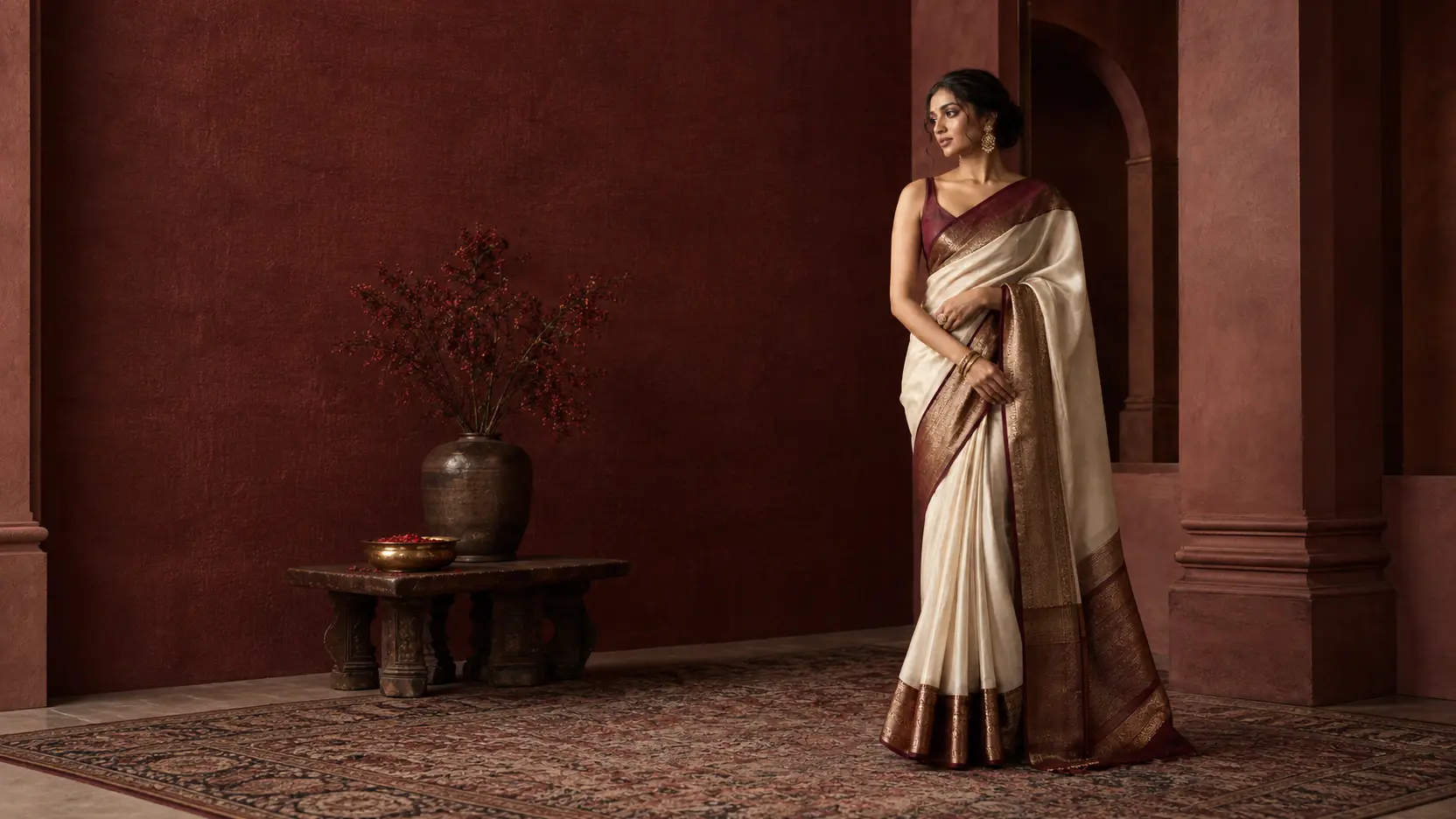 Elegant ivory and burgundy drape in an editorial setting